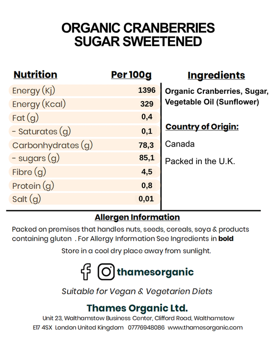 Organic Cranberries Sugar Sweetened