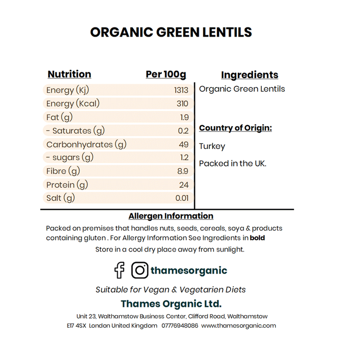Organic Green Lentils - Thames Organic