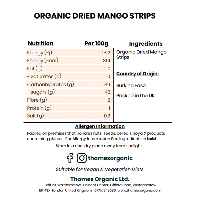 Organic Mango Strips (Dried) - Thames Organic