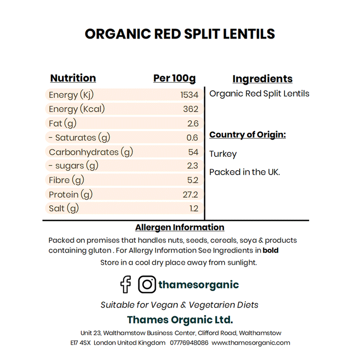 Organic Red Split Lentils - Thames Organic